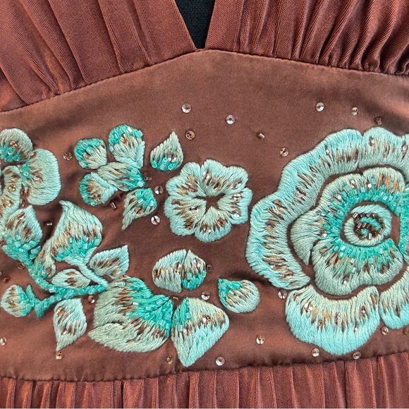 BCBGMAXAZRIA bronze brown teal embroidered beaded flower halter dress - Picture 10 of 16